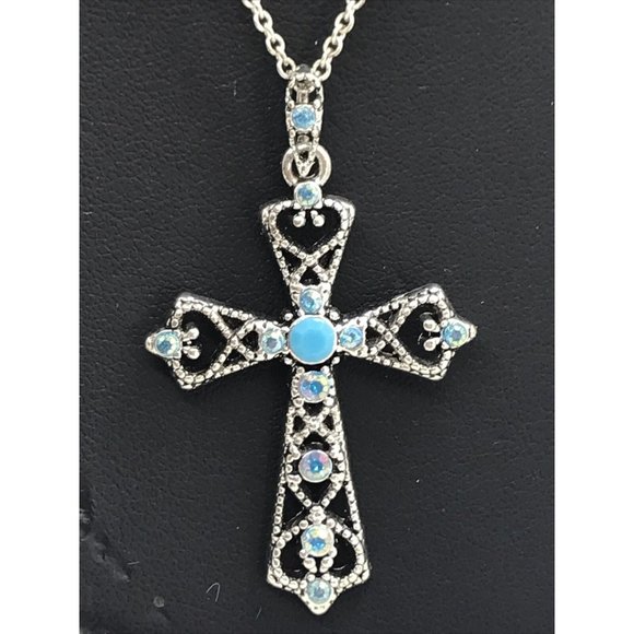 Turquoise Faux Stone Silver Tone  Cross 18" Color Aqua Blue Crystal Necklace‎ - Picture 1 of 4